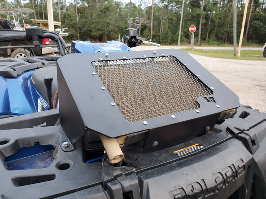 Lucky 7 2009-2026 Polaris Sportsman 550 850 1000 low profile mesh radiator relocation kit installed angle view