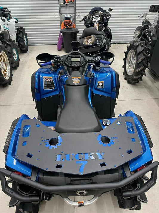 Lucky 7 Outlander G2 rear rack on a blue Can-Am in the shop