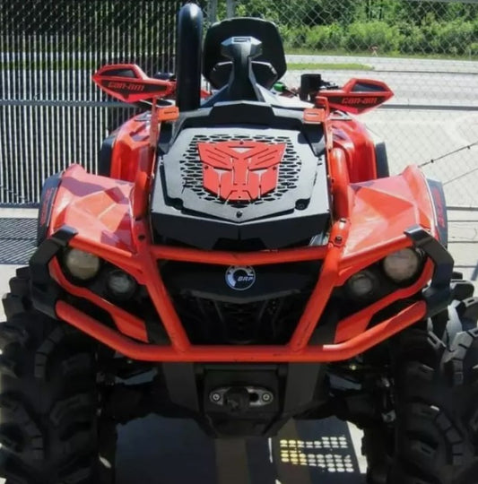 Red Transformers Lucky 7 radiator relocate cover on a Can-Am Outlander MAX XMR