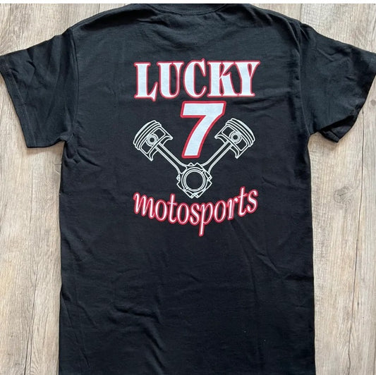 Back view of Lucky 7 Motorsports black unisex t-shirt with logo