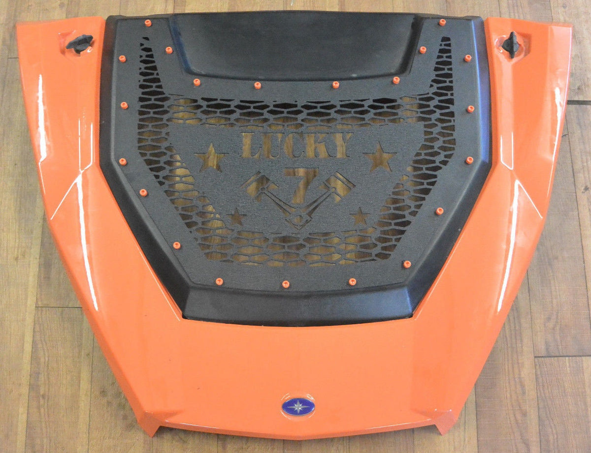 Lucky 7 radiator relocate cover on a Polaris General 1000 hood