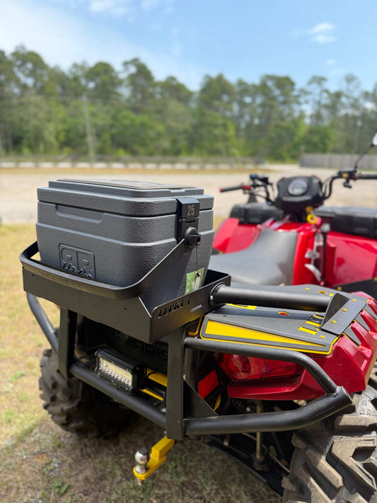 Side view of Lucky 7 Sportsman cooler rack with Rugged Road 25 cooler at the shop