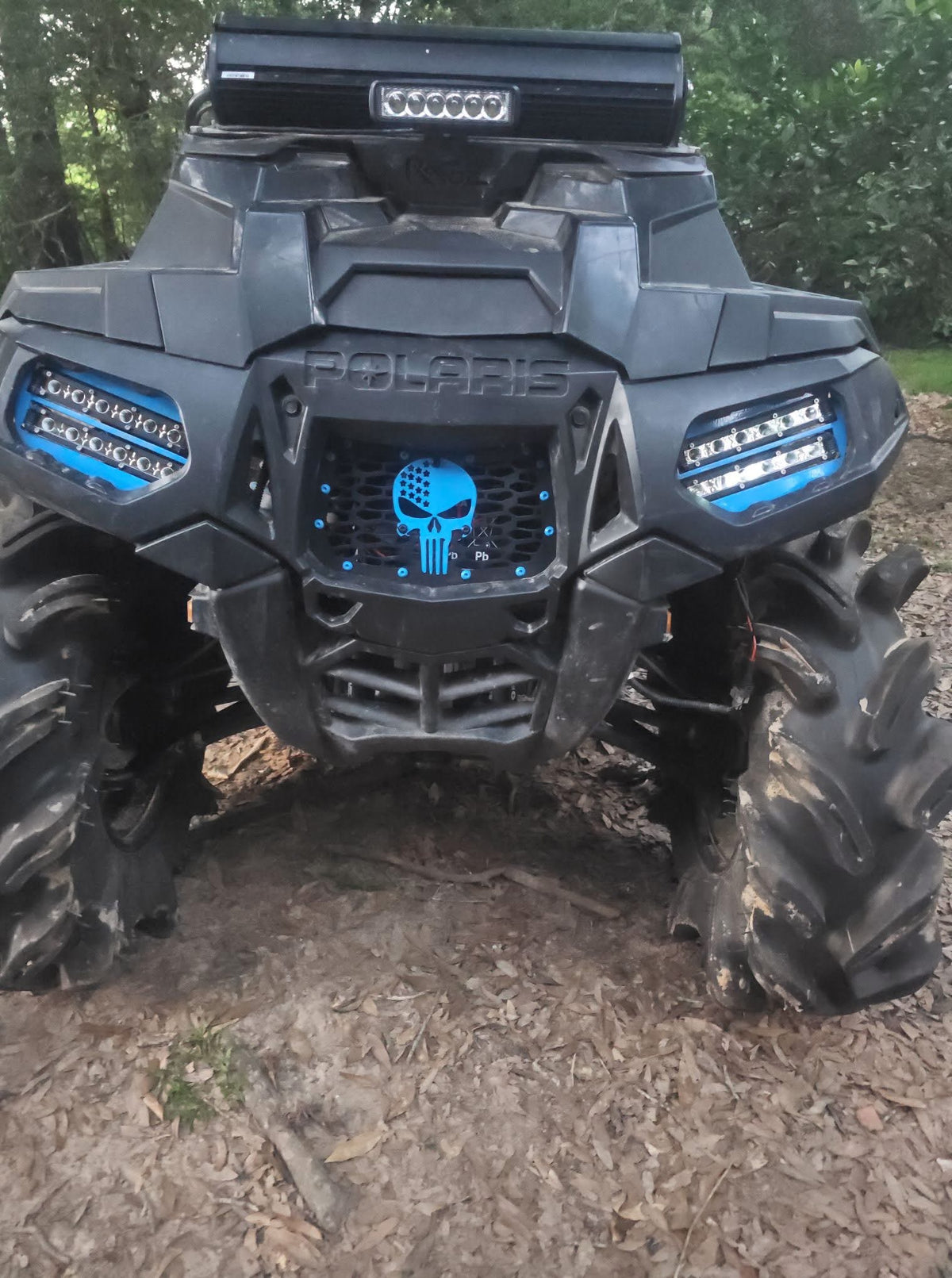 Polaris Sportsman with Lucky 7 Velocity Blue dual slim row LED headlights and Punisher grille