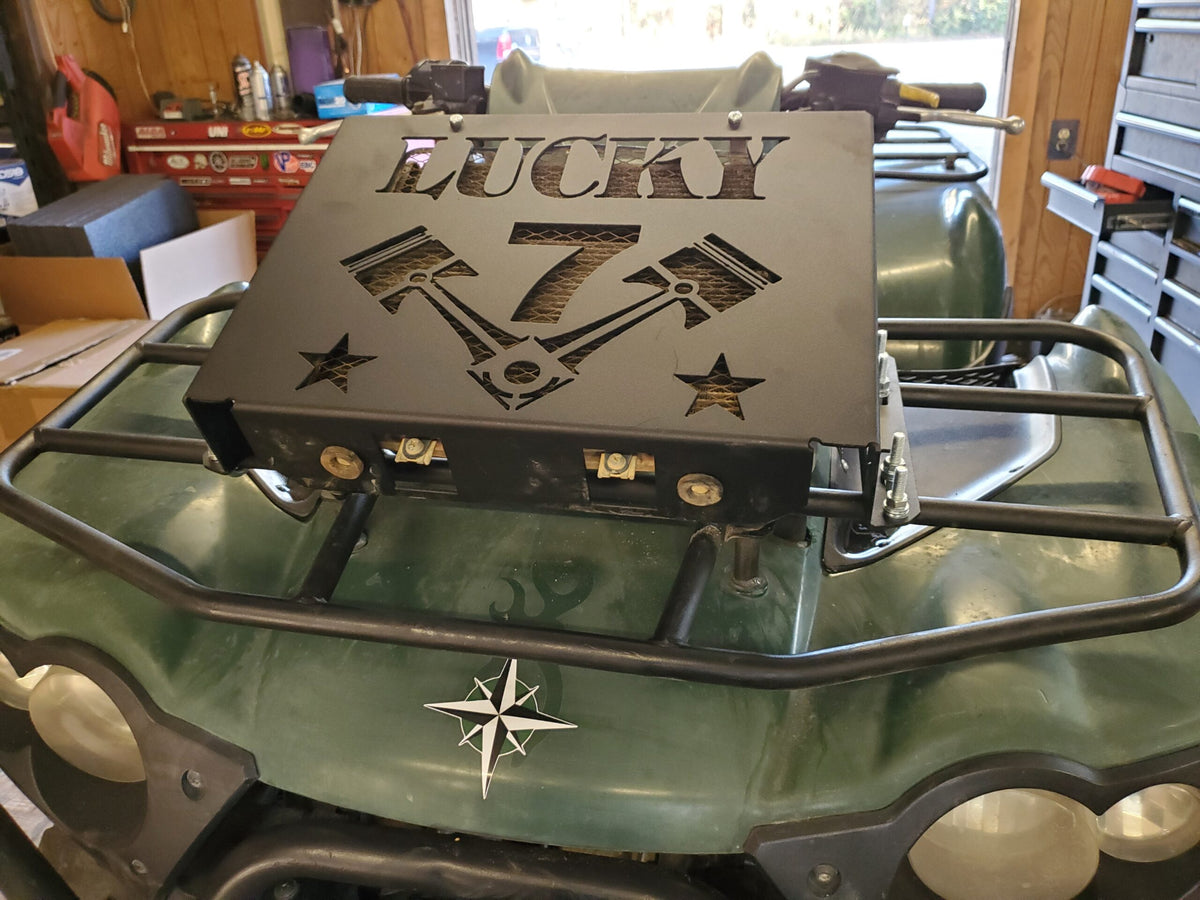 Lucky 7 2005-2011 Kawasaki Brute Force low profile radiator relocation kit Lucky 7 Logo close-up installed on the machine