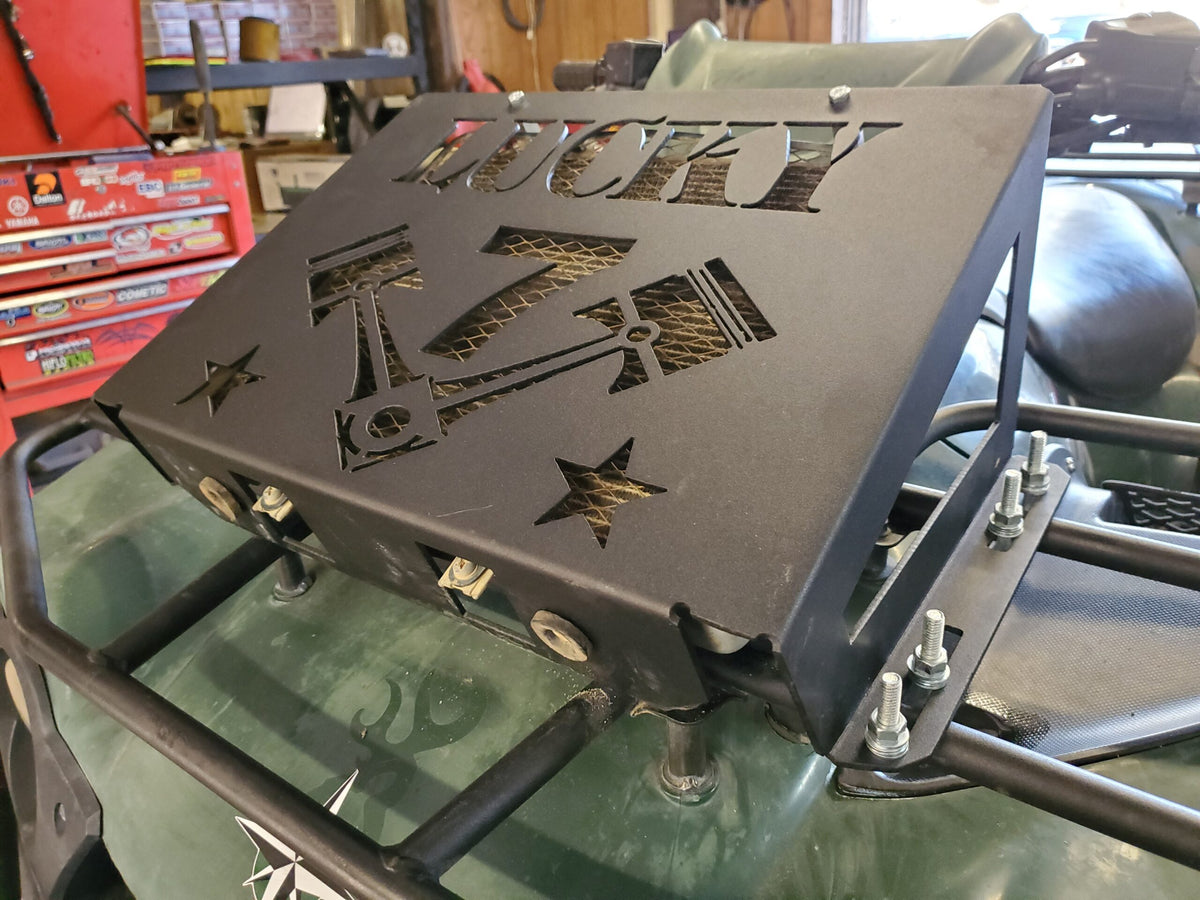 Lucky 7 2005-2011 Kawasaki Brute Force low profile radiator relocation kit Lucky 7 Logo shop install shot