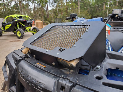Lucky 7 2009-2026 Polaris Sportsman 550 850 1000 low profile mesh radiator relocation kit installed close-up
