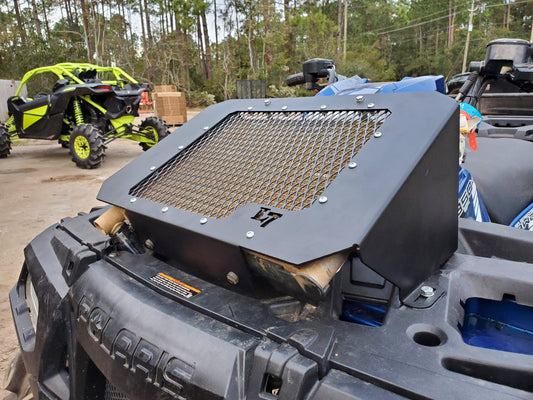 Lucky 7 2009-2026 Polaris Sportsman 550 850 1000 low profile mesh radiator relocation kit installed close-up