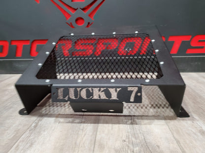 Lucky 7 2012-2024 Can-Am Outlander mesh radiator relocation kit Lucky 7 plate Gloss Black front product shot