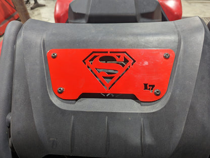 Lucky 7 2023 Can-Am Outlander 700 XMR radiator cover Superman Legion Red close-up installed on the machine