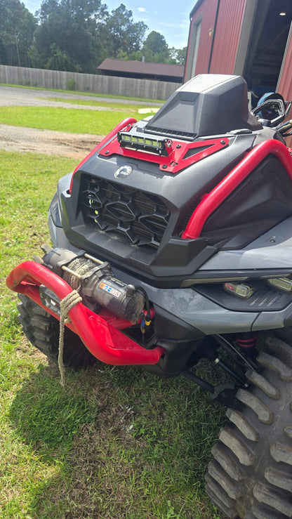 Lucky 7 2025 Can-Am Outlander XMR Gen 3 radiator cover LED Light Bar Legion Red angle view on the machine