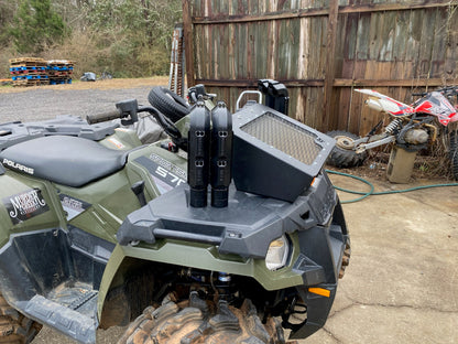 Lucky 7 2010-2020 Polaris Sportsman 570 low profile mesh radiator relocation kit installed angle view