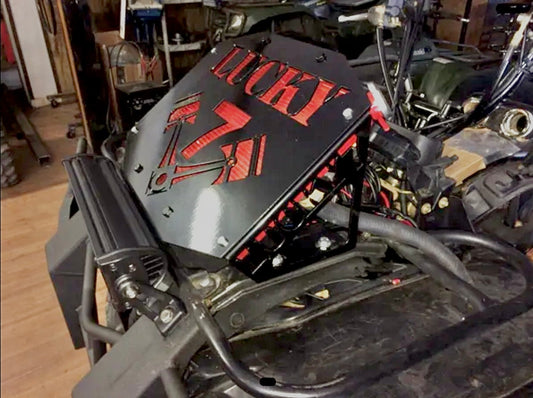 Lucky 7 radiator relocation kit installed in shop