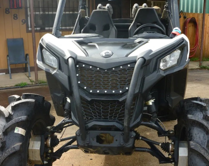 Lucky 7 mesh front grille installed on a Can-Am Maverick Sport Trail