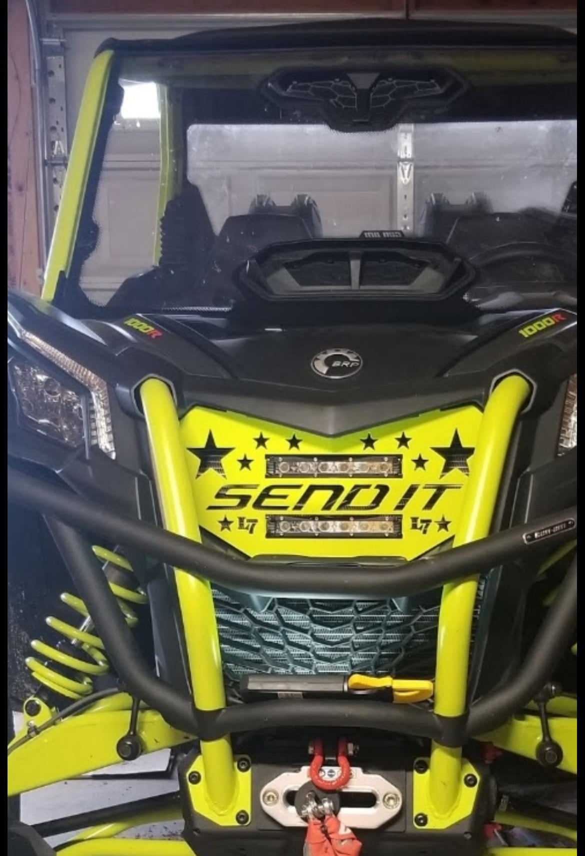 Yellow Lucky 7 Send It double LED grille on a Can-Am Maverick Sport Trail