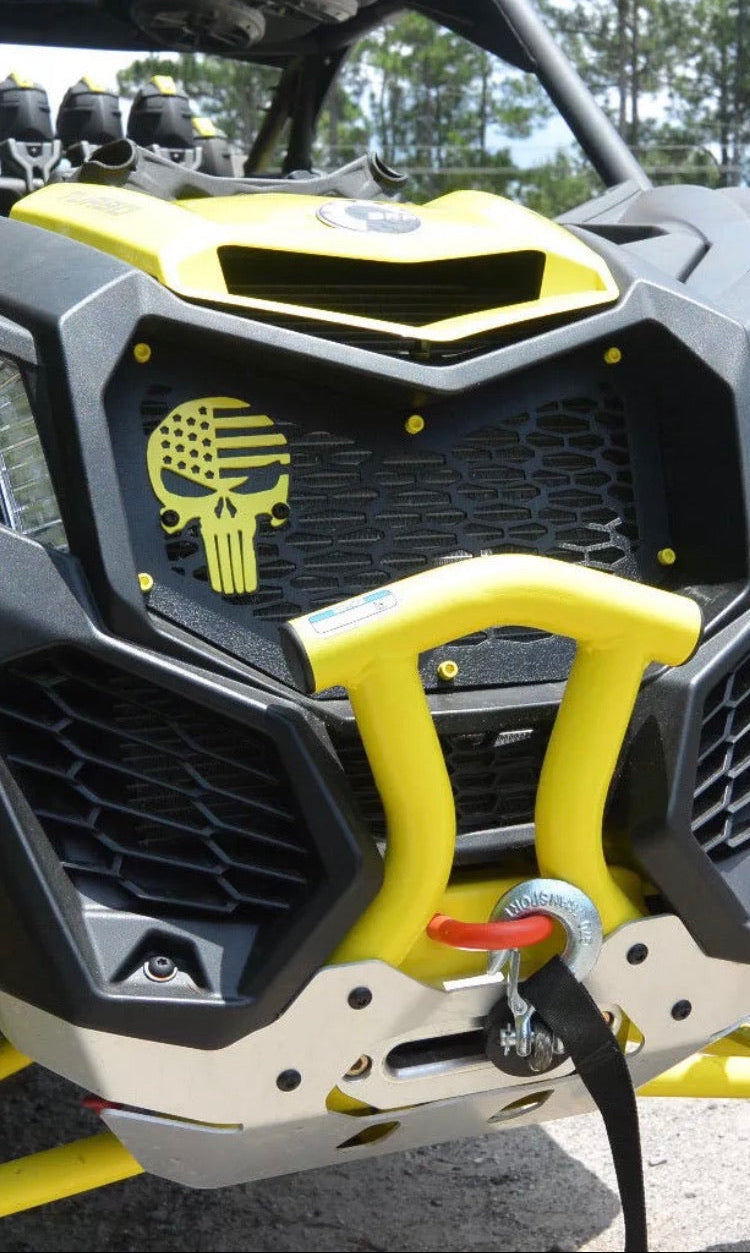 Yellow Punisher design on a Lucky 7 Can-Am Maverick X3 mesh grille