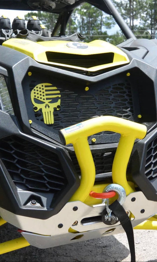 Yellow Punisher design on a Lucky 7 Can-Am Maverick X3 mesh grille