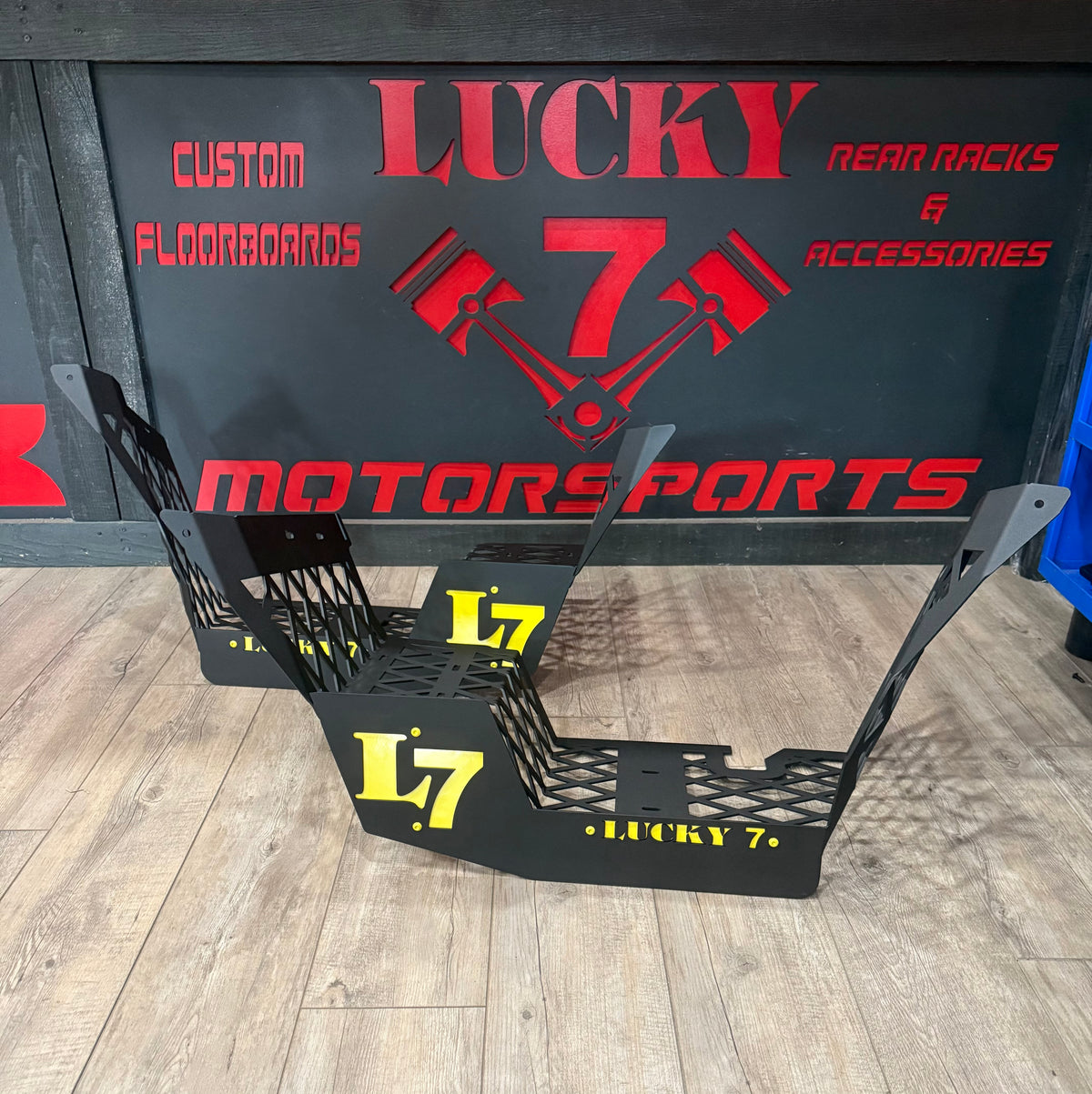 Can-Am Outlander G1 Max race cut floorboards with yellow Lucky 7 accents