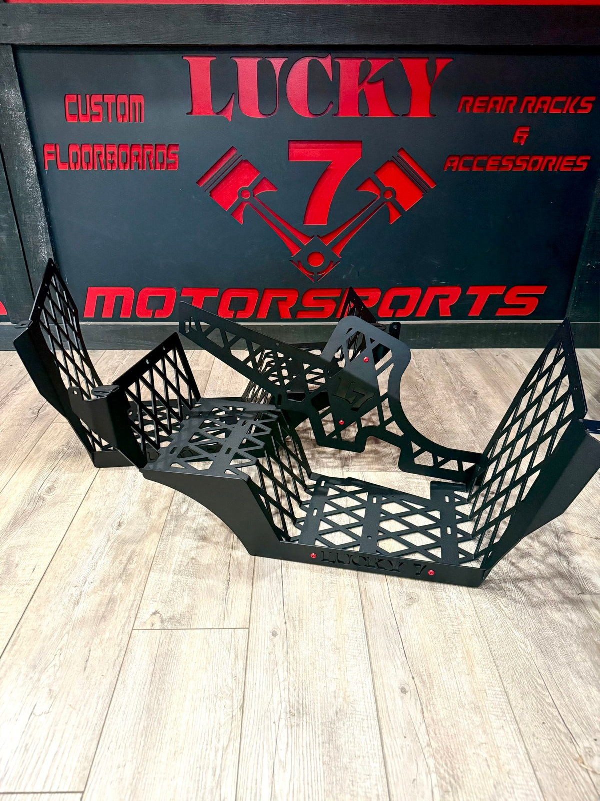 Front view of Lucky 7 Motorsports Can-Am Outlander G2 MAX Race Cut Extra Clearance floorboards
