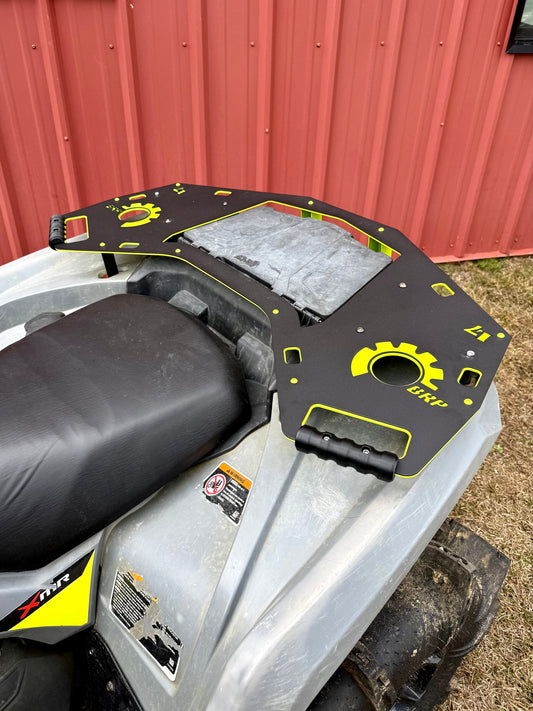 Lucky 7 Outlander G2 rear rack installed on a silver Can-Am XMR
