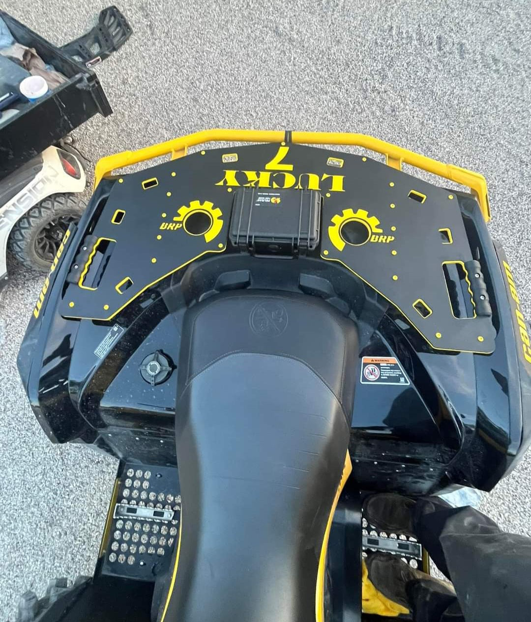 Lucky 7 Outlander G2 rear rack with storage case viewed from the seat