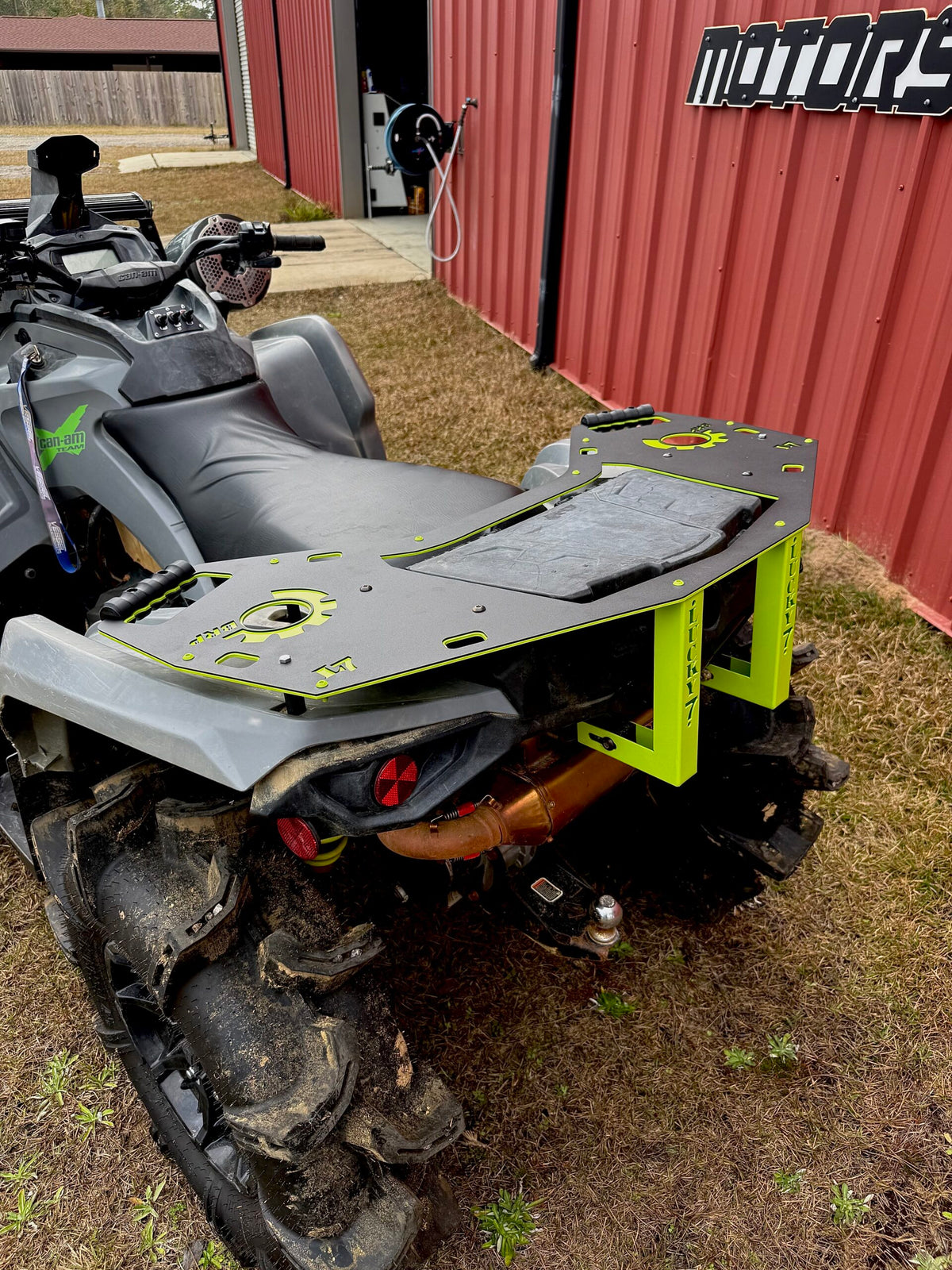 Lucky 7 Outlander G2 rear rack with color-matched yellow rear supports