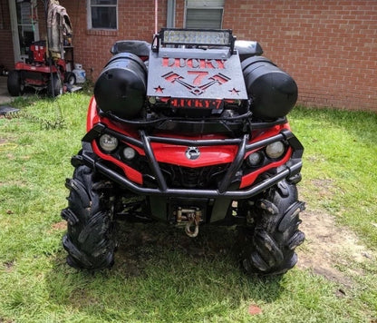 Lucky 7 radiator relocate kit on a red Can-Am Outlander Gen 2