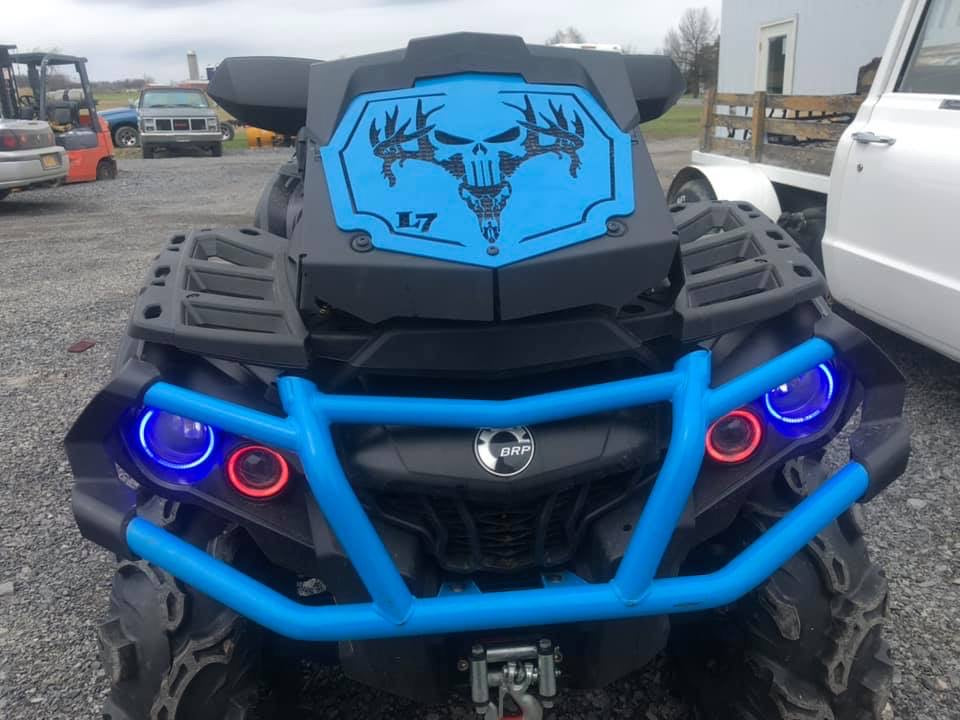 Blue Deer Skull Punisher Lucky 7 radiator relocate cover on an Outlander MAX XMR