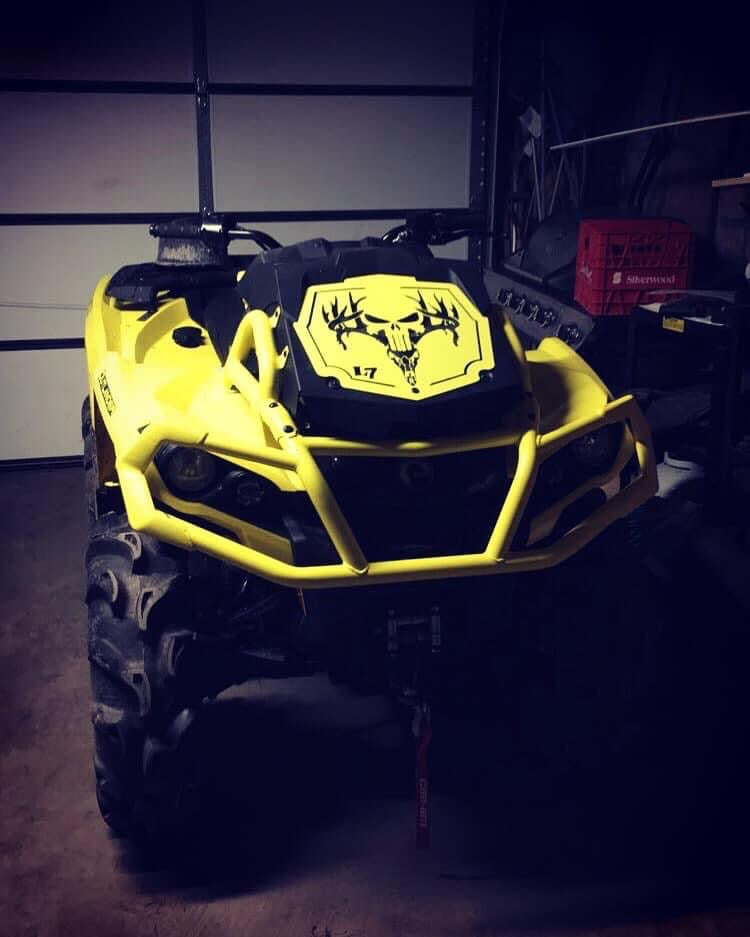 Yellow Deer Skull Punisher Lucky 7 radiator relocate cover on an Outlander MAX XMR