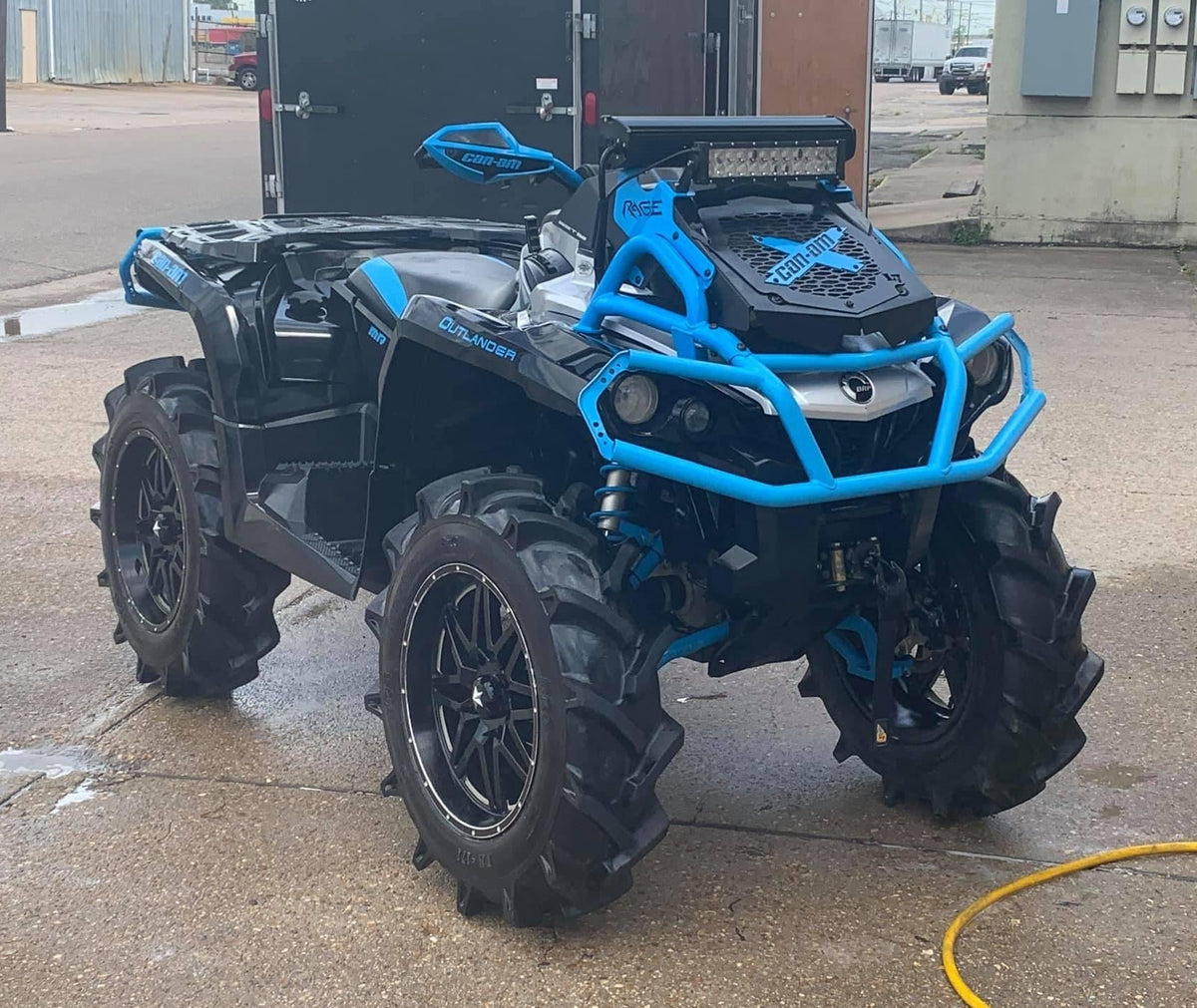 Blue Can-Am X Lucky 7 radiator relocate cover on an Outlander MAX XMR