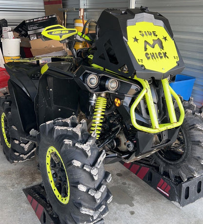 Custom Lucky 7 radiator relocate cover on a Can-Am Outlander MAX XMR in the shop