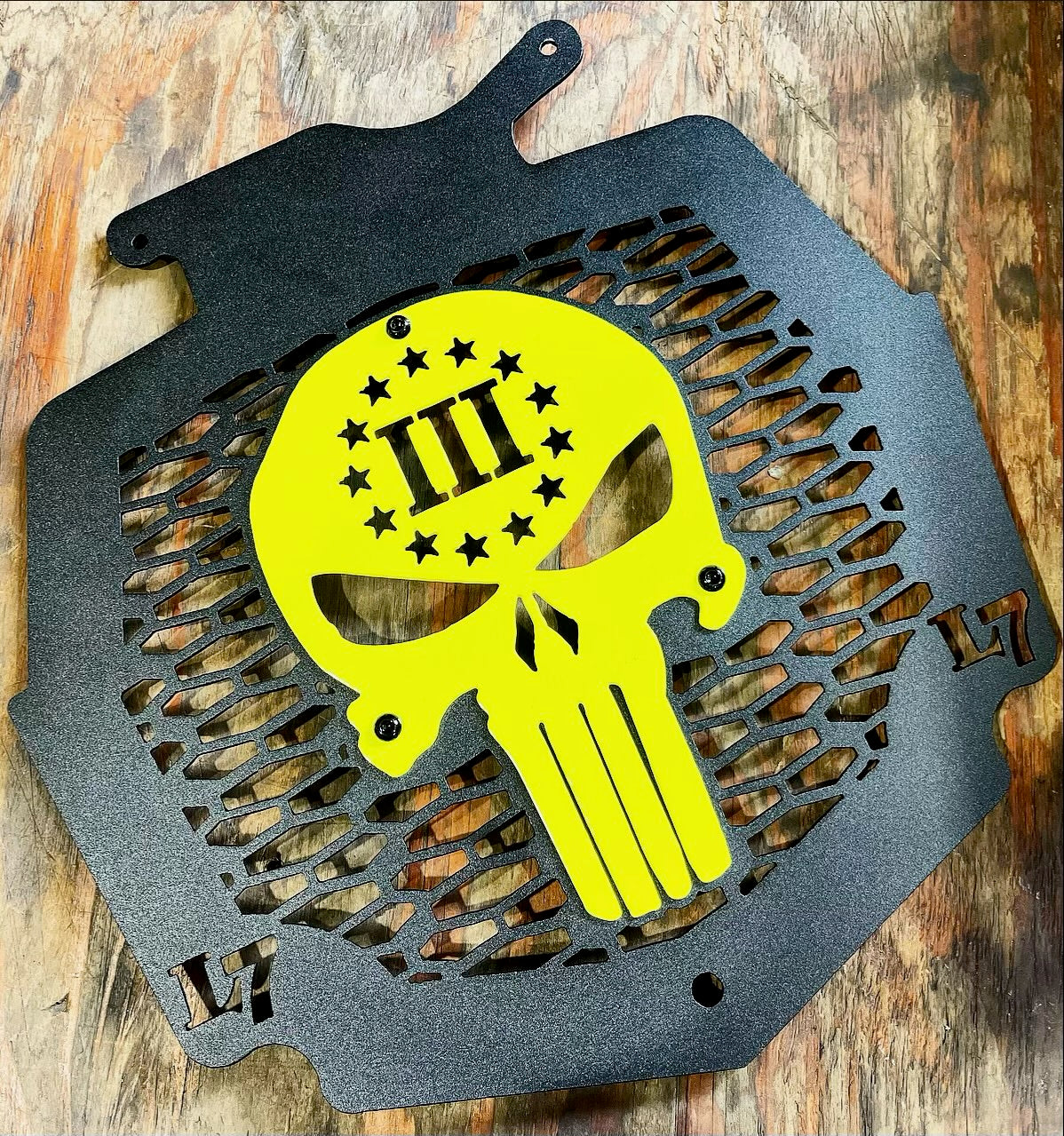 Close-up of Punisher 3% design on Can-Am Outlander MAX XMR radiator relocate cover by Lucky 7 Motorsports