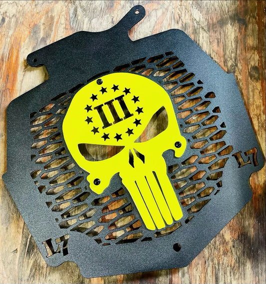 Close-up of Punisher 3% design on Can-Am Outlander MAX XMR radiator relocate cover by Lucky 7 Motorsports