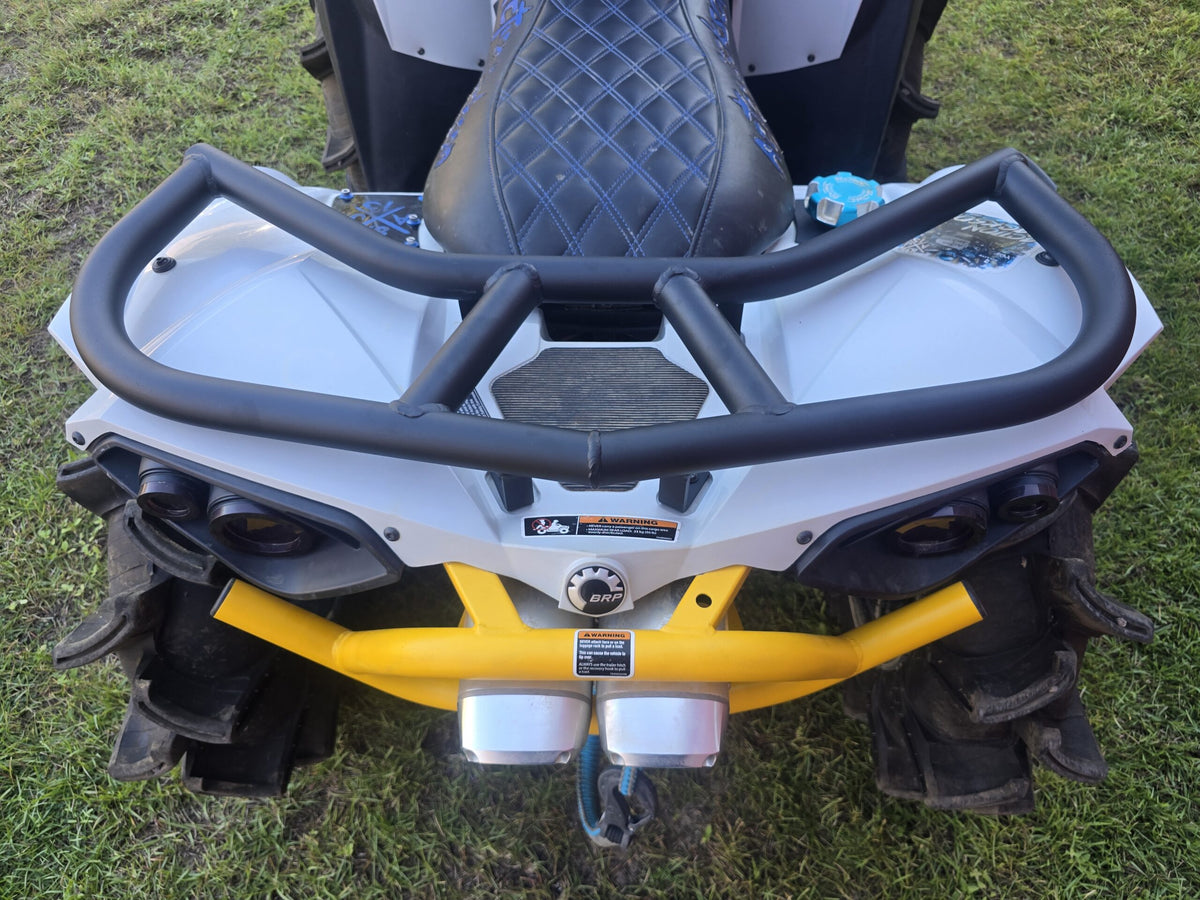 Rear view of a Lucky 7 aluminum tube rack on a Can-Am Renegade XMR