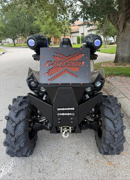 Front view of Lucky 7 Renegade XMR radiator relocate bumper with Can-Am X design and speaker mounts