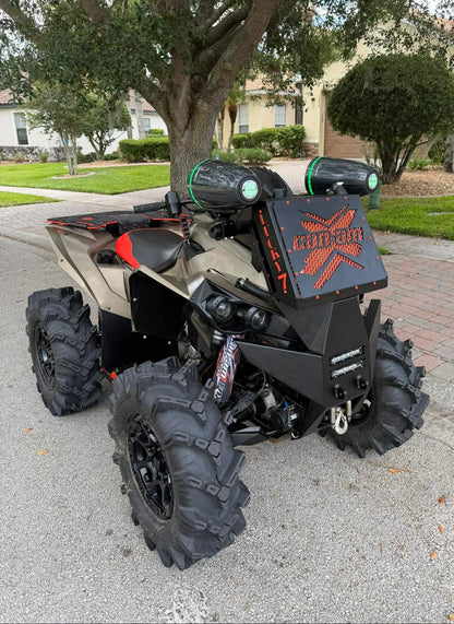 Side view of Lucky 7 Renegade XMR radiator relocate bumper with speaker mounts