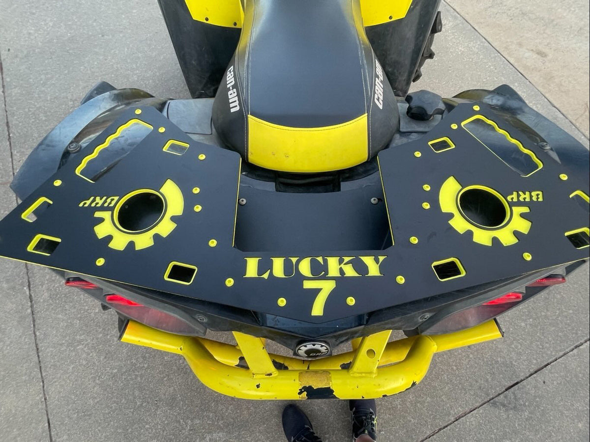 Lucky 7 Can-Am Renegade rear rack with logo cutouts and storage case openings