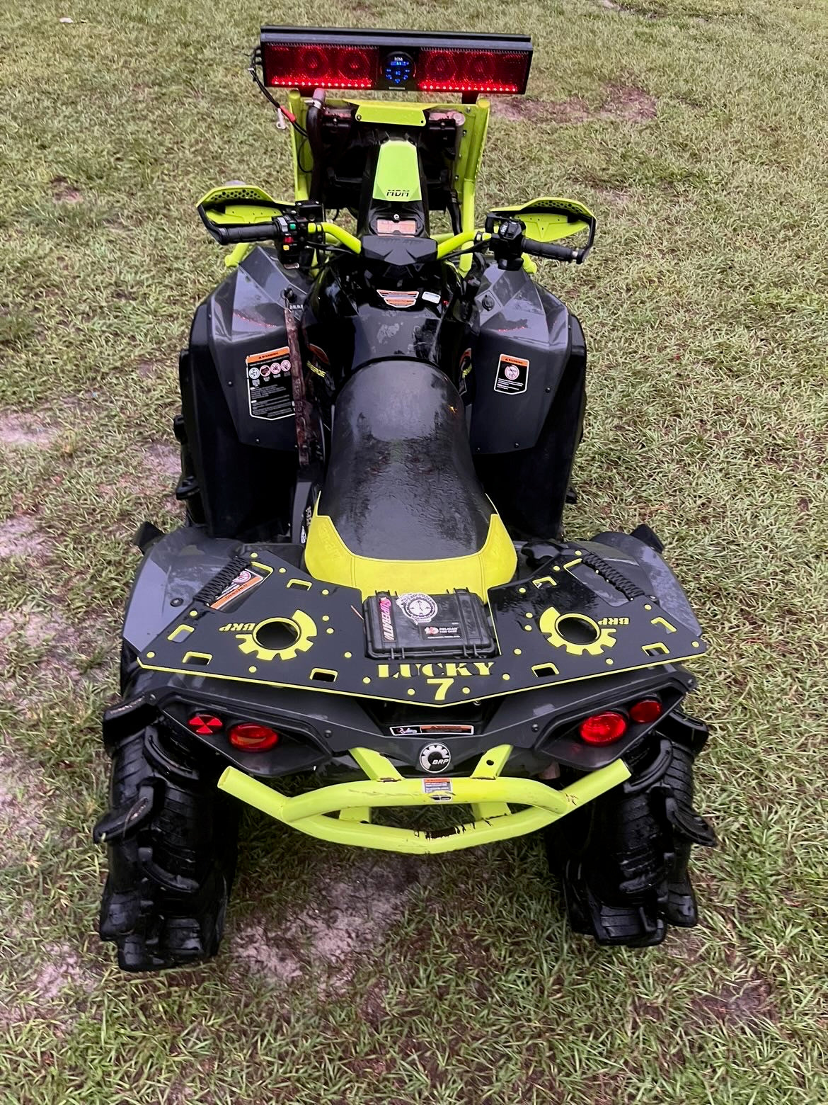 Lucky 7 Can-Am Renegade rear rack with storage case in Neo Yellow
