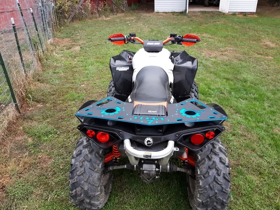 Lucky 7 Can-Am Renegade rear rack with storage case in Octane Blue