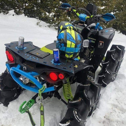 Lucky 7 Can-Am Renegade XMR rear rack with storage case in the snow
