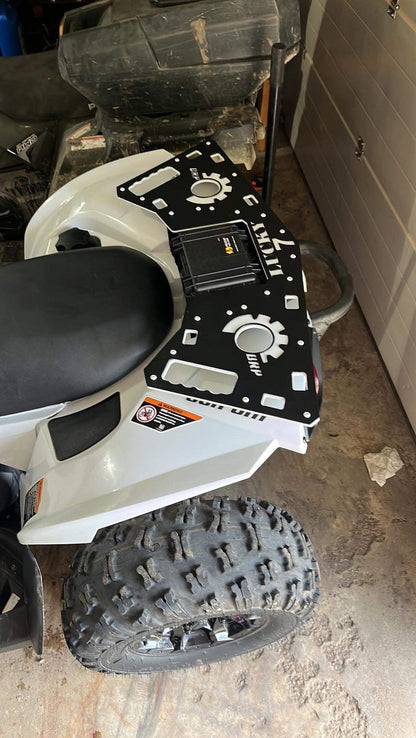 Side view of a Lucky 7 white and black rear rack on a white Can-Am Renegade