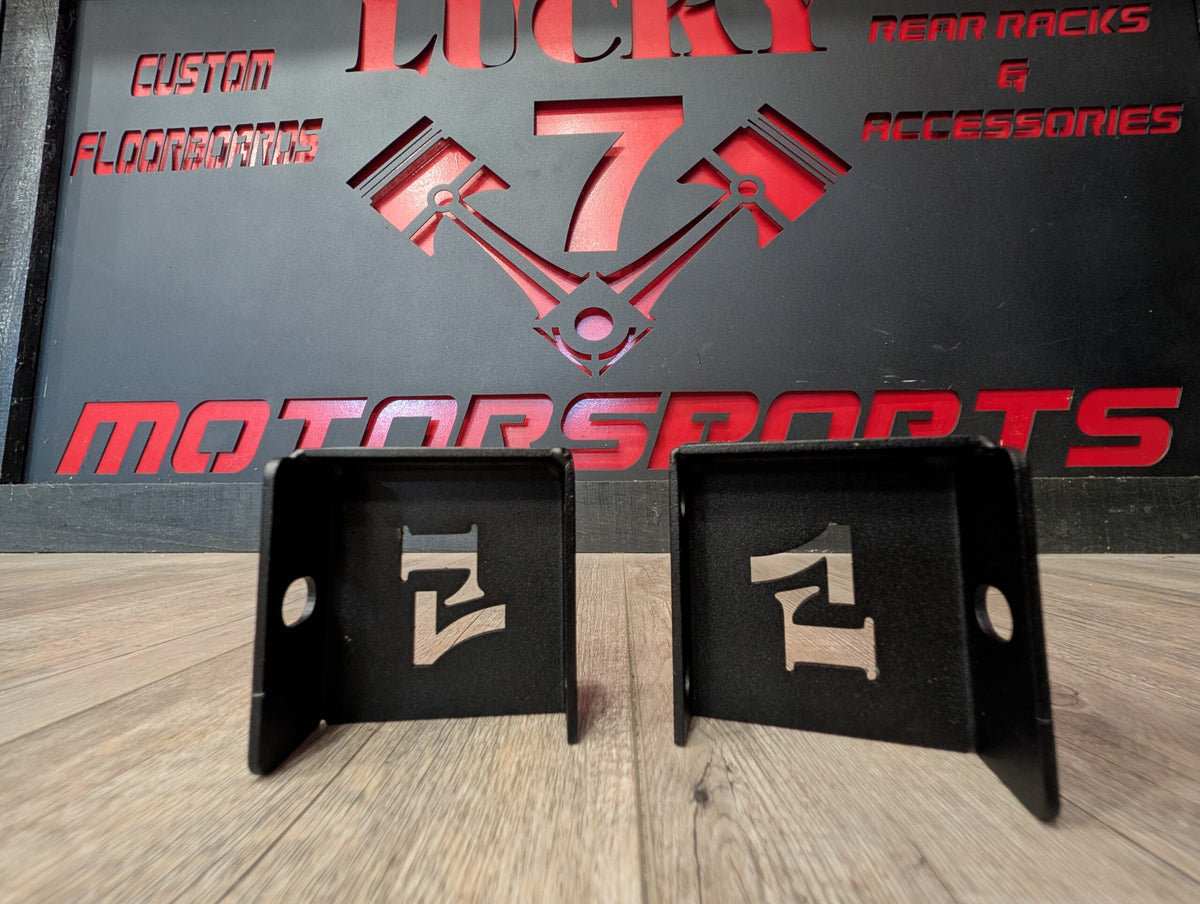 Front view of Lucky 7 Jeep Wrangler JK hood jack mount brackets