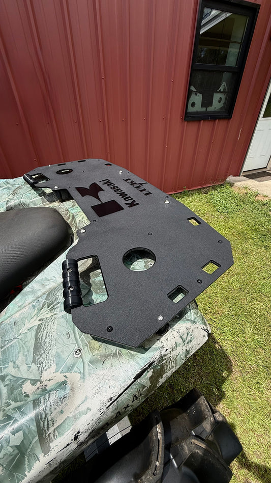 Side view of a Lucky 7 Kawasaki Brute Force rear rack