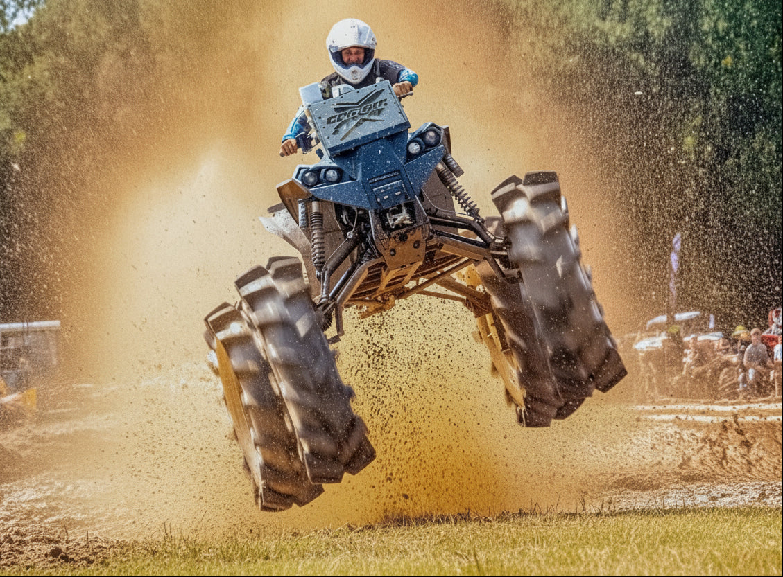 Rider jumping a Can-Am Outlander with Lucky 7 Motorsports radiator kit installed