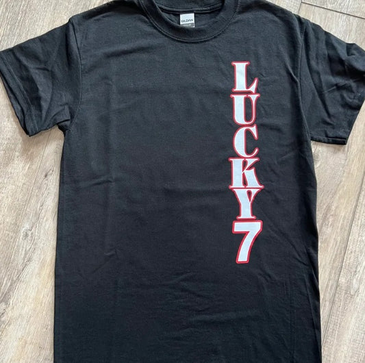 Front view of Lucky 7 Motorsports black unisex t-shirt with logo