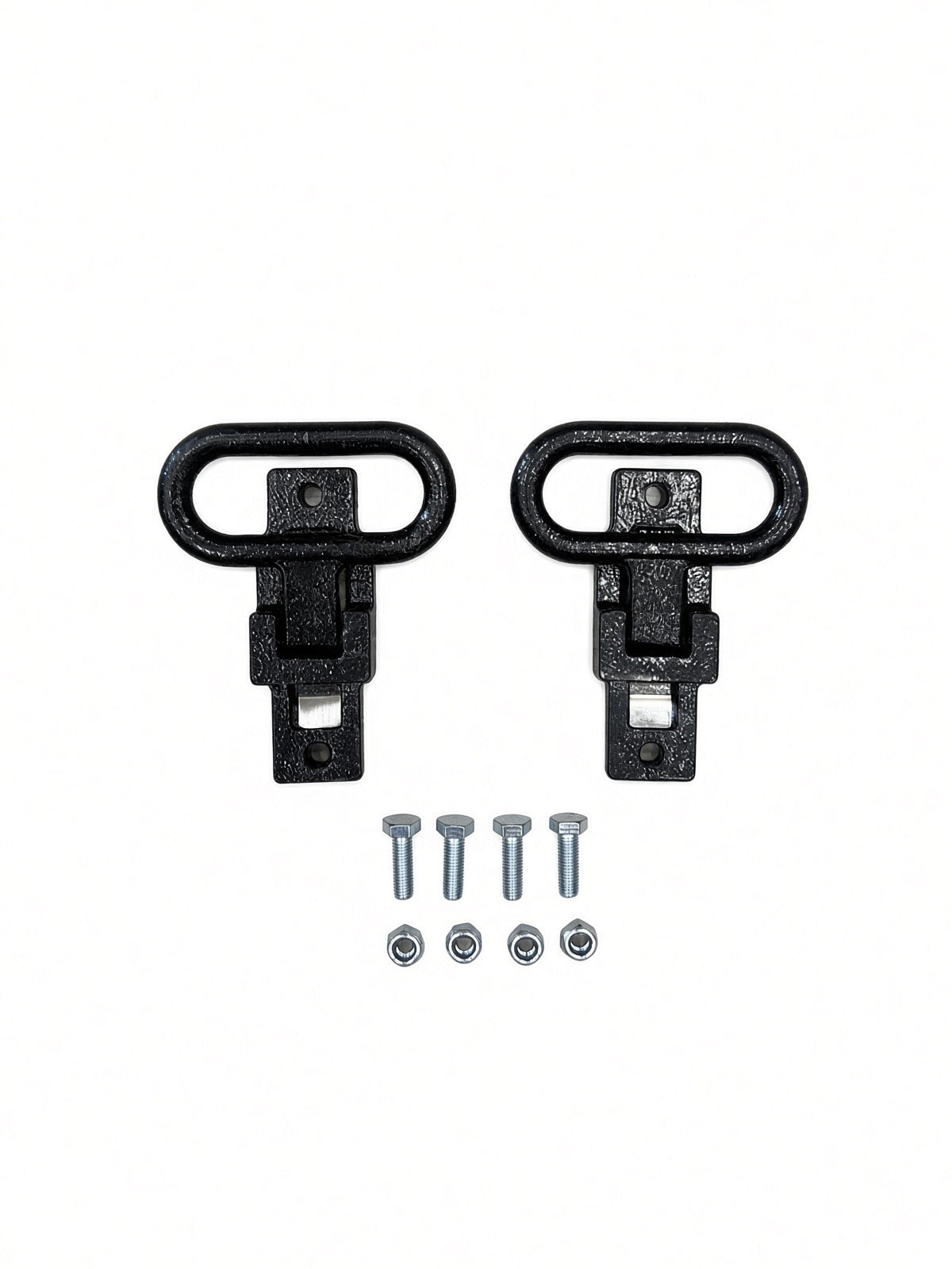 Pair of black Lucky 7 rear passenger foot supports with bolts and nuts