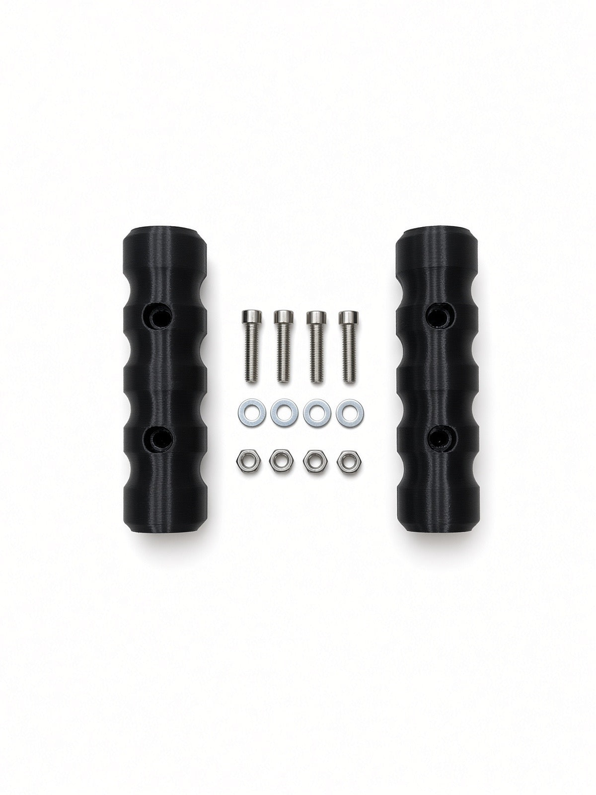 Pair of black Lucky 7 rear rack handgrips with bolts, washers, and nuts on a white background