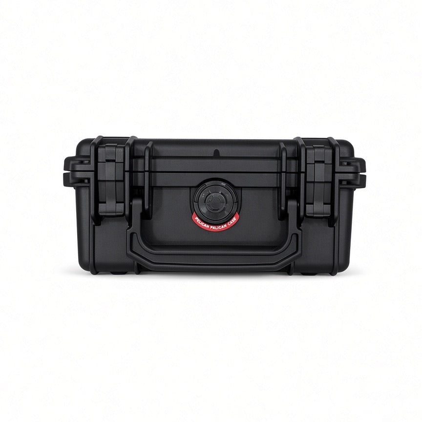 Front view of the black Pelican 1120 storage case for Lucky 7 rear racks