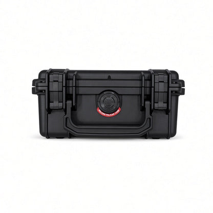 Front view of the black Pelican 1120 storage case for Lucky 7 rear racks