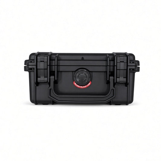 Front view of the black Pelican 1120 storage case for Lucky 7 rear racks