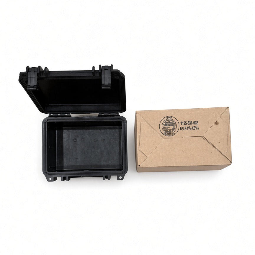 Open Pelican 1120 storage case for Lucky 7 rear racks, shown with its box